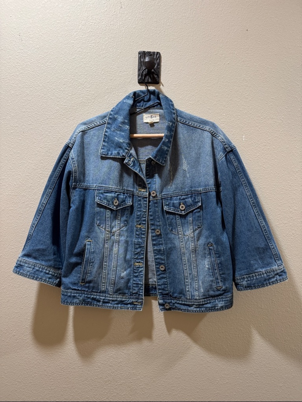 Umgee Light Blue Denim Jacket with Distressing and 3/4 sleeves - M